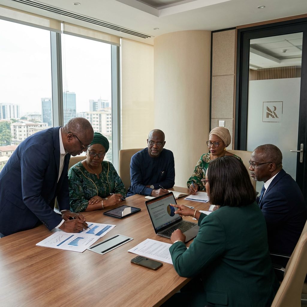 Professional governance discussion in a Nigerian executive boardroom