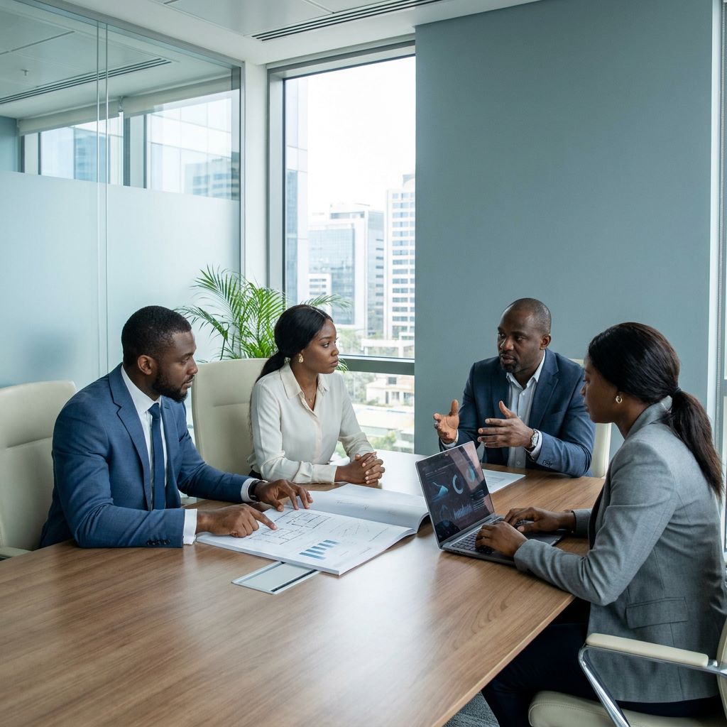 Nigerian professionals collaborating on a group strategy in a contemporary corporate environment