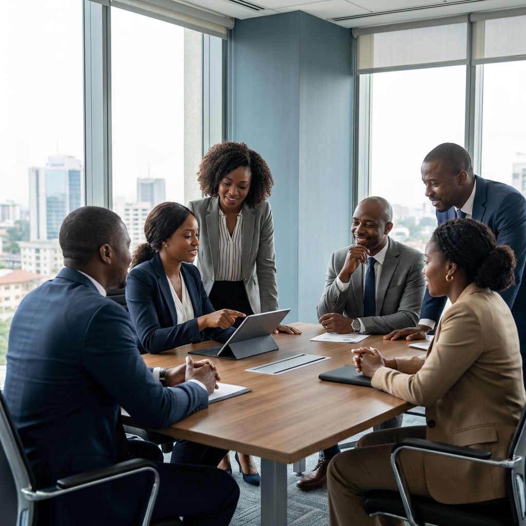 Diverse African professionals collaborating in a modern boardroom