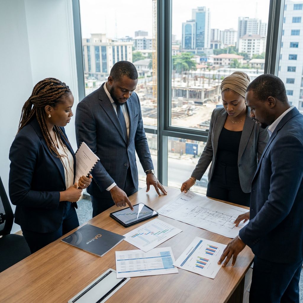 Nigerian financial and commercial project professionals coordinating a business delivery