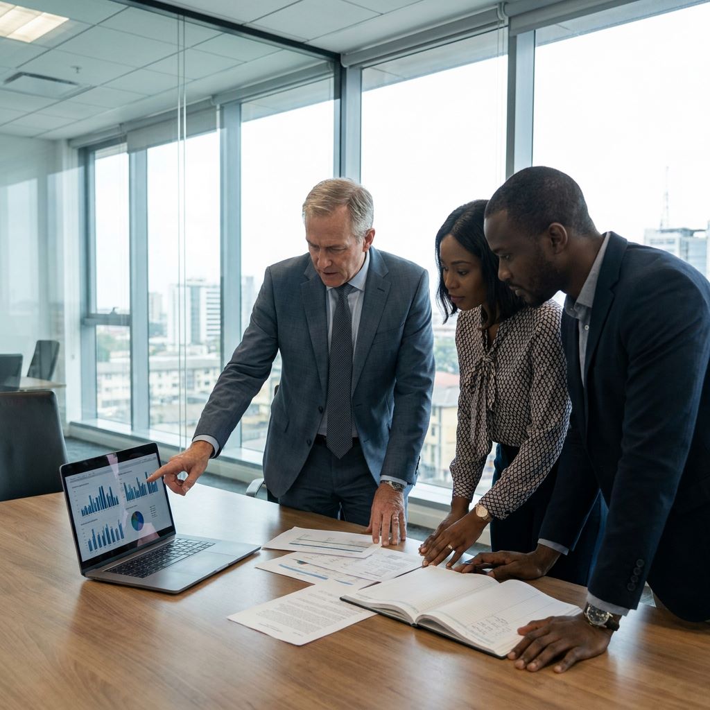 Nigerian business executives reviewing revenue performance