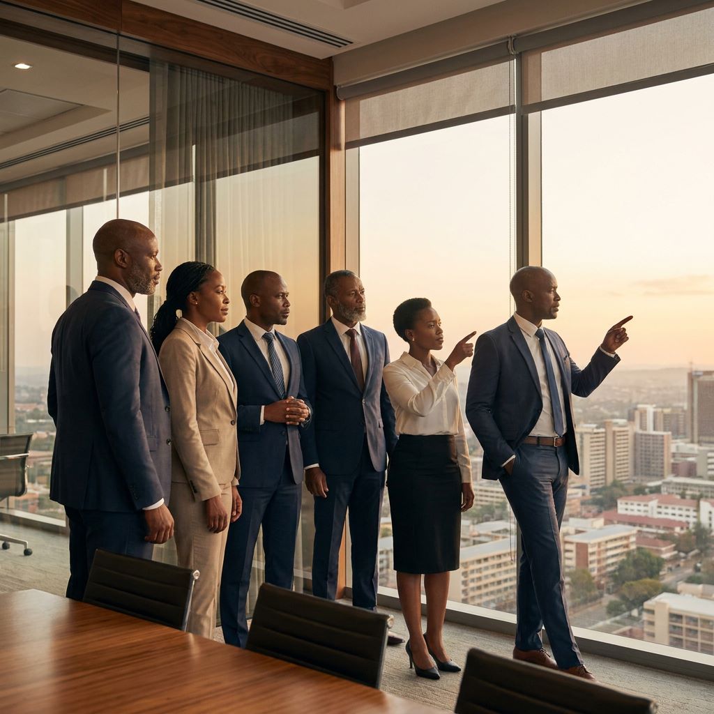 African executive leadership team overlooking a modern African city