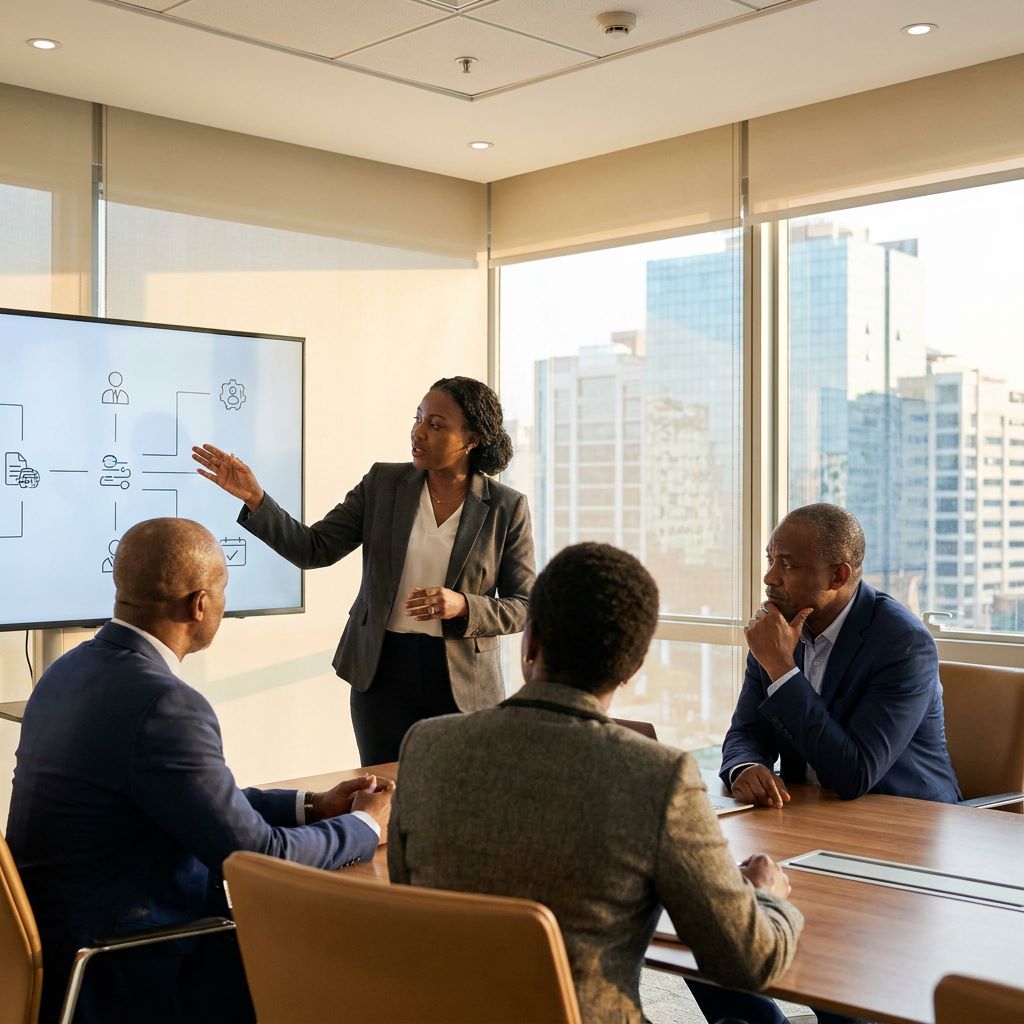 African executives discussing long-term organisational strategy